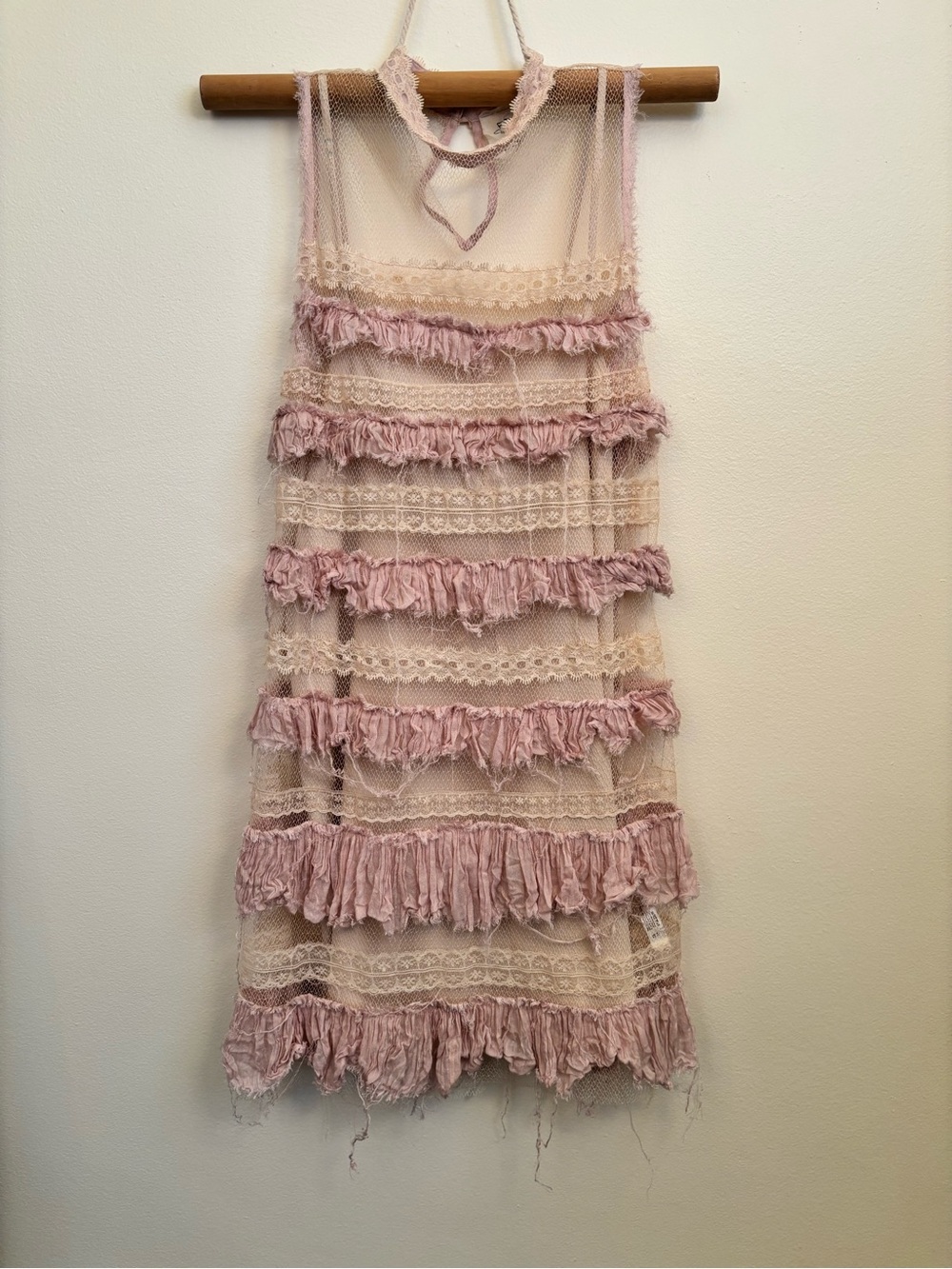 Sleeveless Pink Lace Mini Dress with Ruffle Tiers